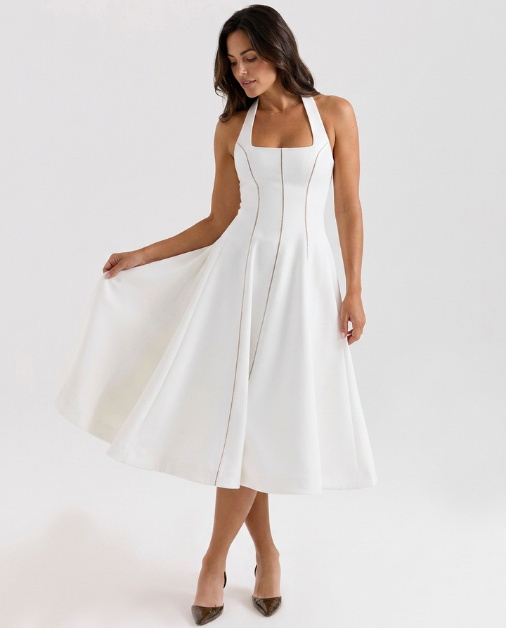 Carmella | Halter Neck Midi Dress with Ladder Trim