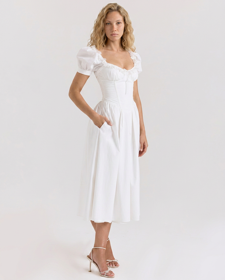 Kaye | Puff Sleeve Midi Dress with Corset Bodice