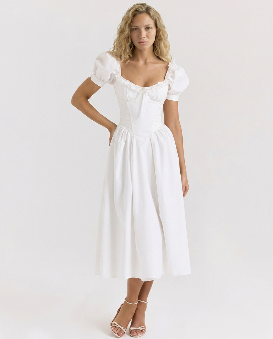 Kaye | Puff Sleeve Midi Dress with Corset Bodice