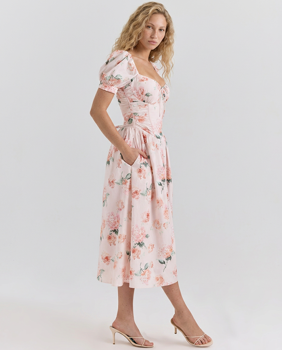 Kaye | Puff Sleeve Midi Dress with Corset Bodice