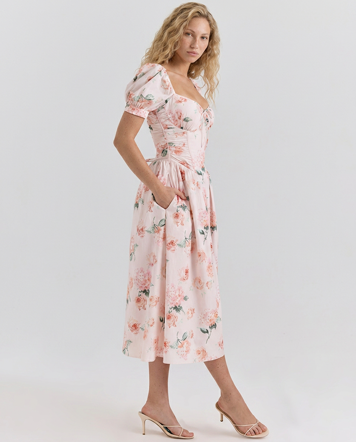 Kaye | Puff Sleeve Midi Dress with Corset Bodice