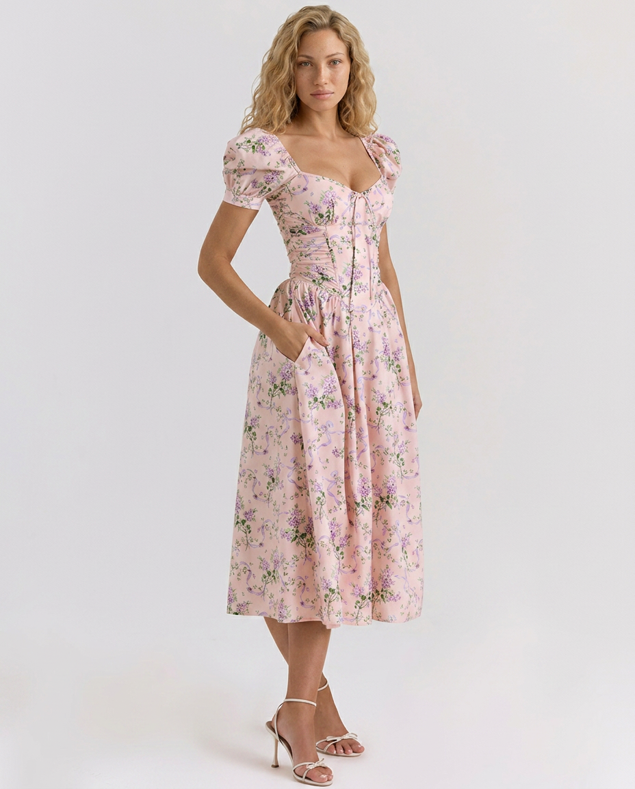 Kaye | Puff Sleeve Midi Dress with Corset Bodice