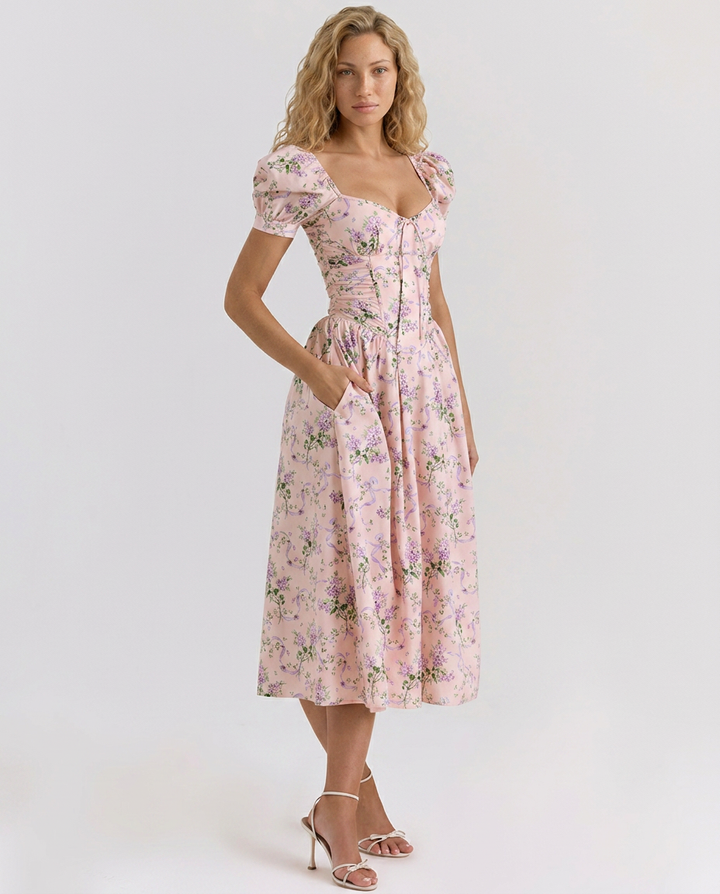 Kaye | Puff Sleeve Midi Dress with Corset Bodice