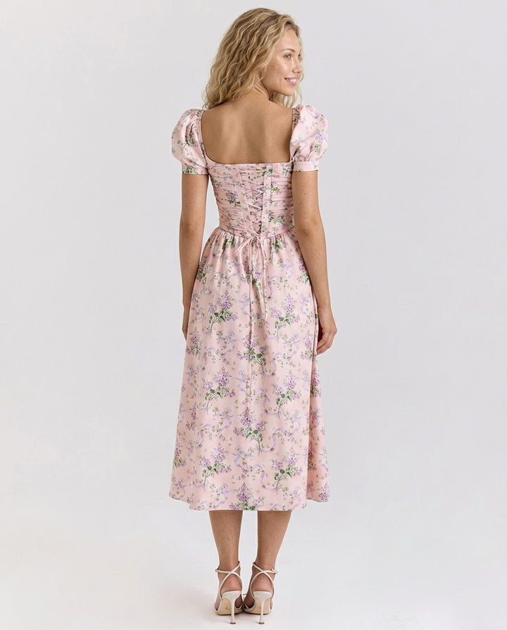 Kaye | Puff Sleeve Midi Dress with Corset Bodice