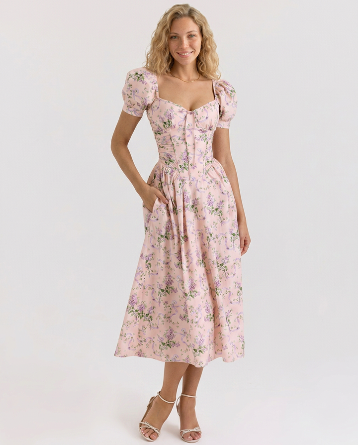 Kaye | Puff Sleeve Midi Dress with Corset Bodice