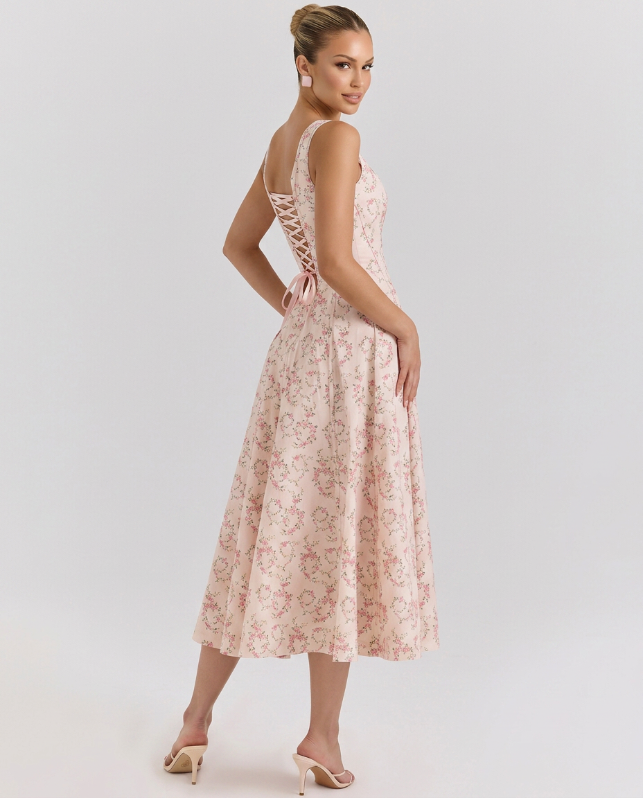 Zelma | Floral Printed Midi Sundress with Lace-Up Back