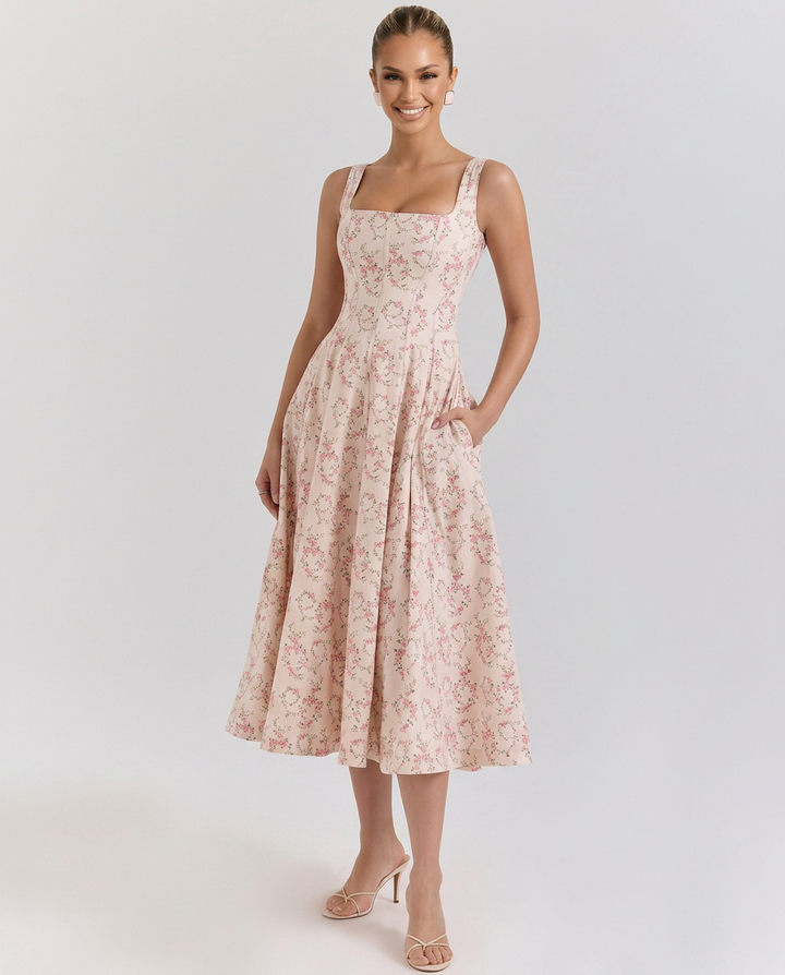 Zelma | Floral Printed Midi Sundress with Lace-Up Back