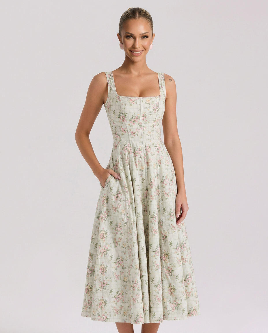 Zelma | Floral Printed Midi Sundress with Lace-Up Back