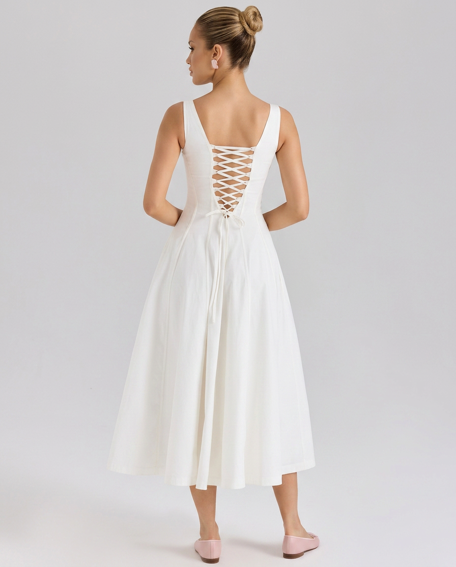 Zelma | Floral Printed Midi Sundress with Lace-Up Back