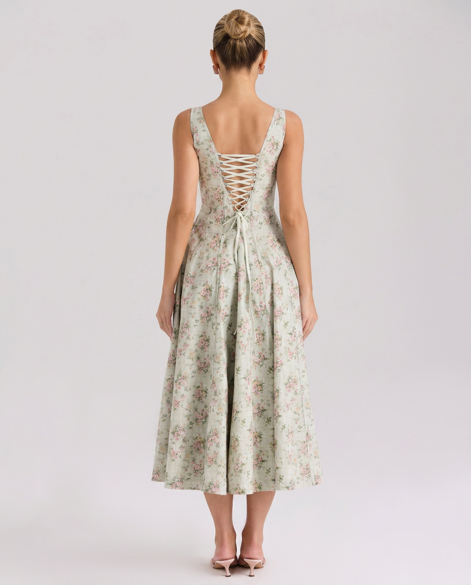 Zelma | Floral Printed Midi Sundress with Lace-Up Back