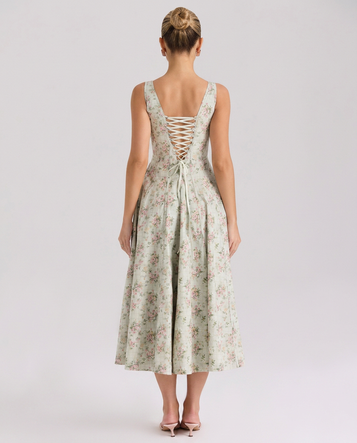 Zelma | Floral Printed Midi Sundress with Lace-Up Back