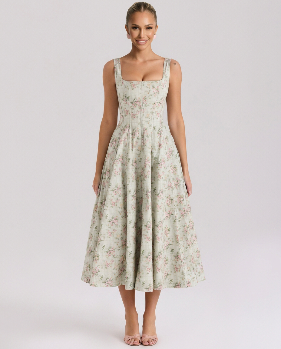 Zelma | Floral Printed Midi Sundress with Lace-Up Back