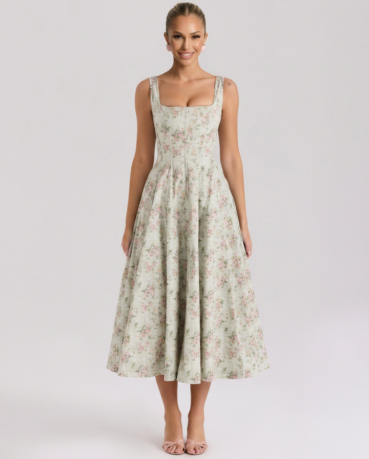 Zelma | Floral Printed Midi Sundress with Lace-Up Back