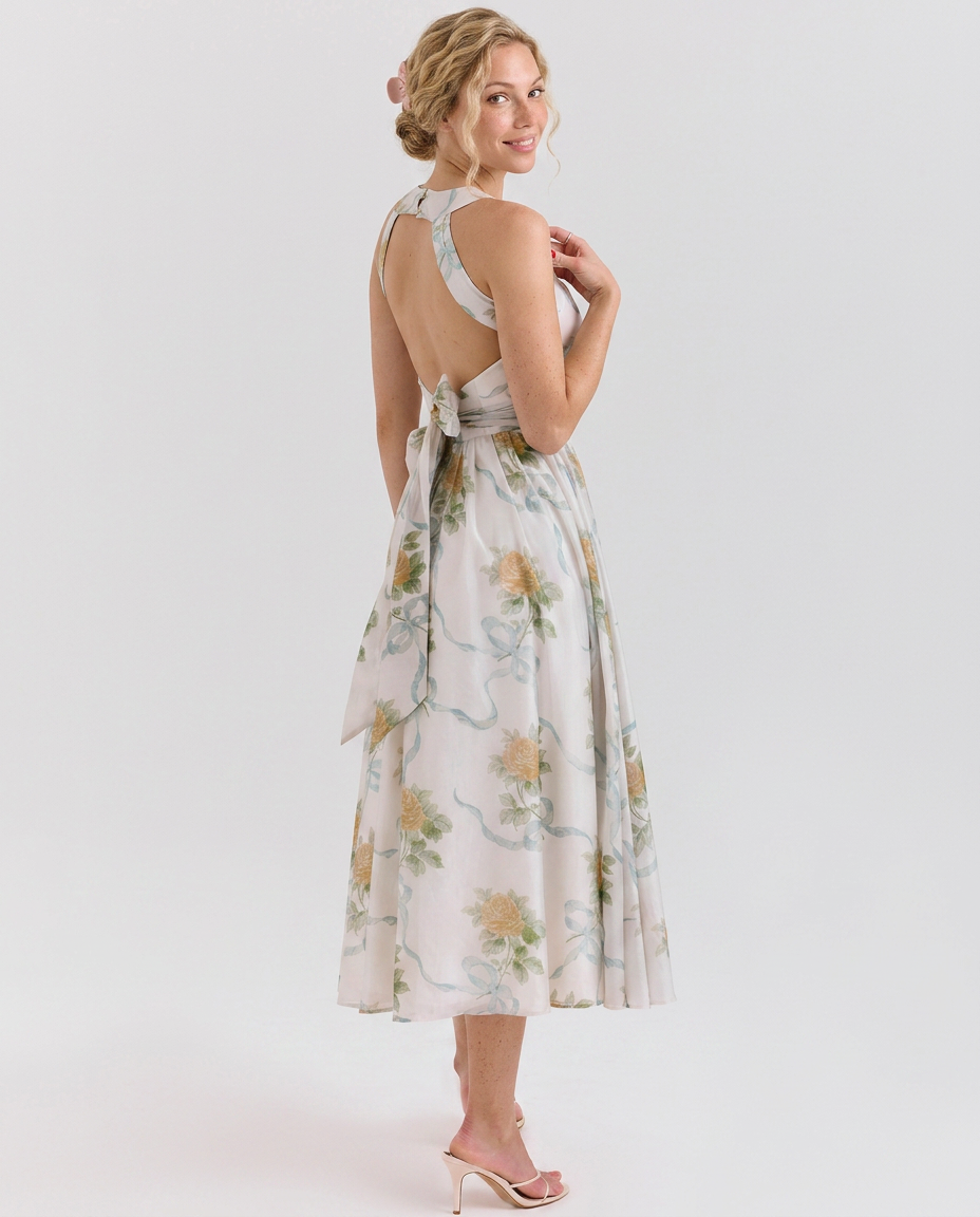 Callie | Ribbon Print Chiffon Midi Dress