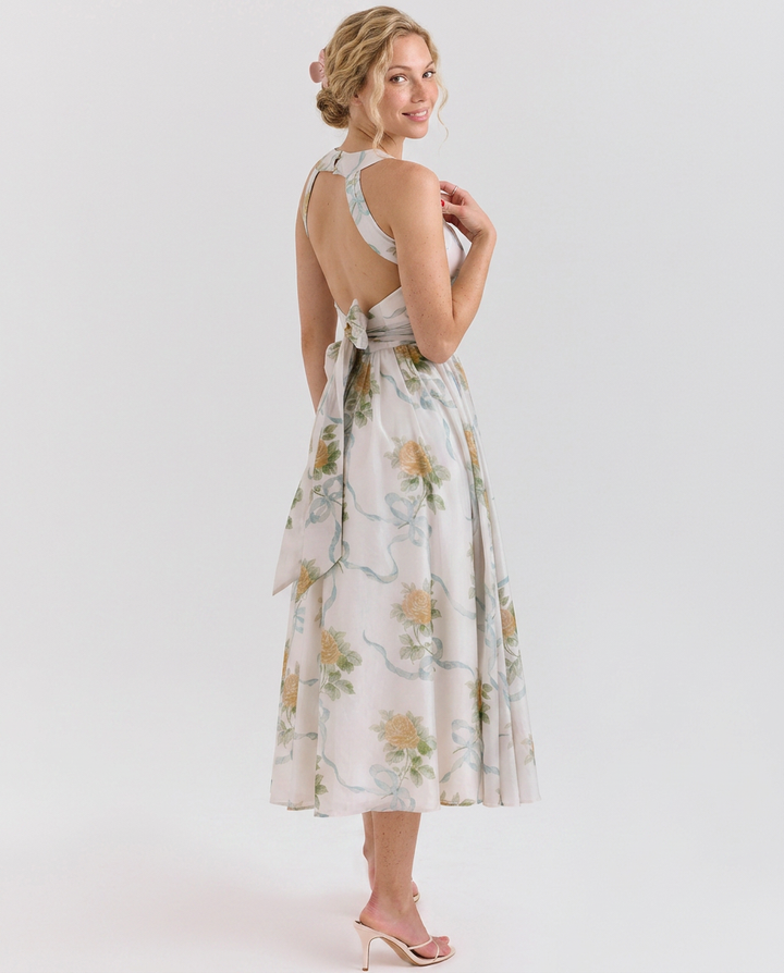 Callie | Ribbon Print Chiffon Midi Dress