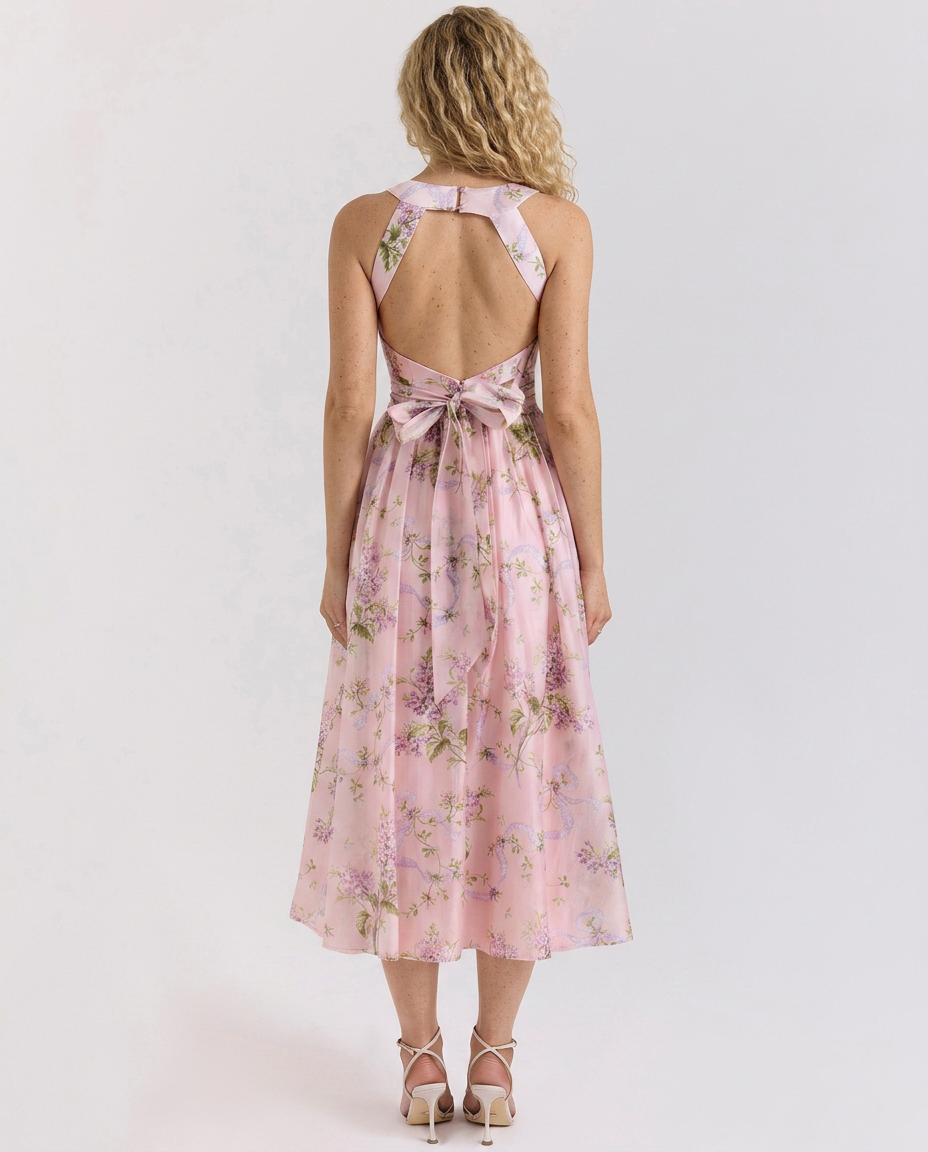 Callie | Ribbon Print Chiffon Midi Dress