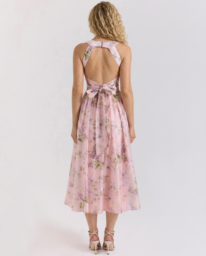 Callie | Ribbon Print Chiffon Midi Dress