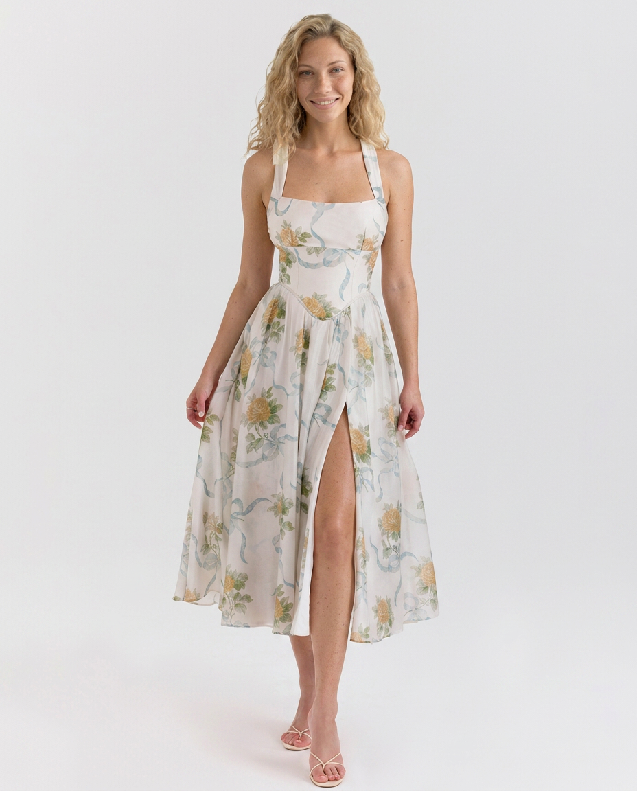 Callie | Ribbon Print Chiffon Midi Dress