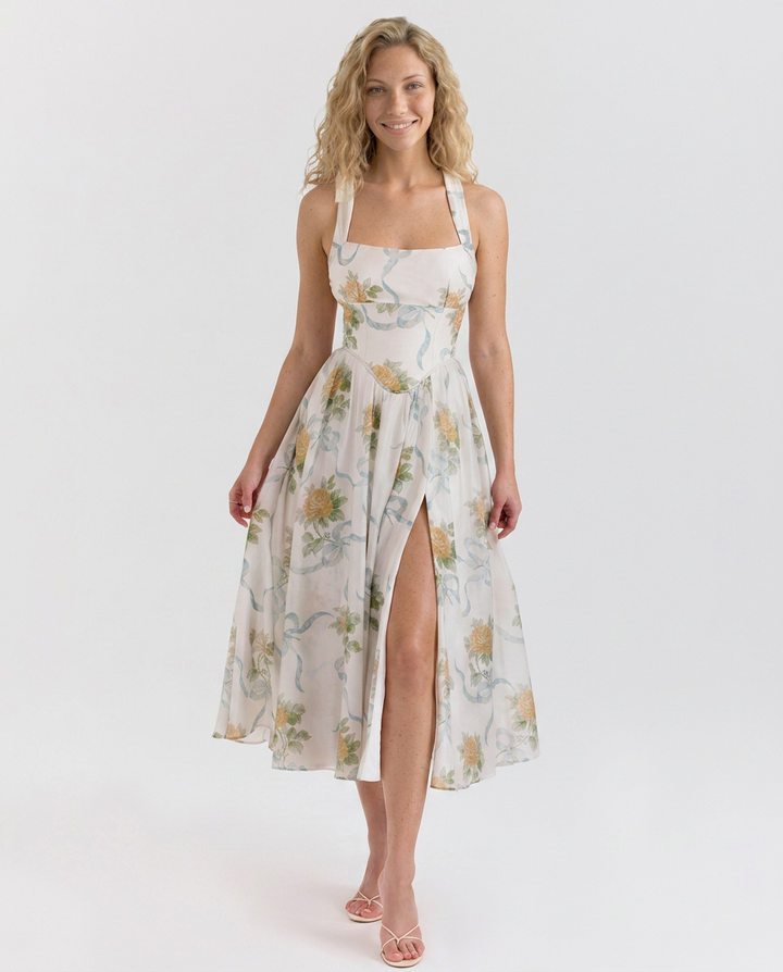 Callie | Ribbon Print Chiffon Midi Dress