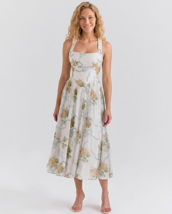 Callie | Ribbon Print Chiffon Midi Dress
