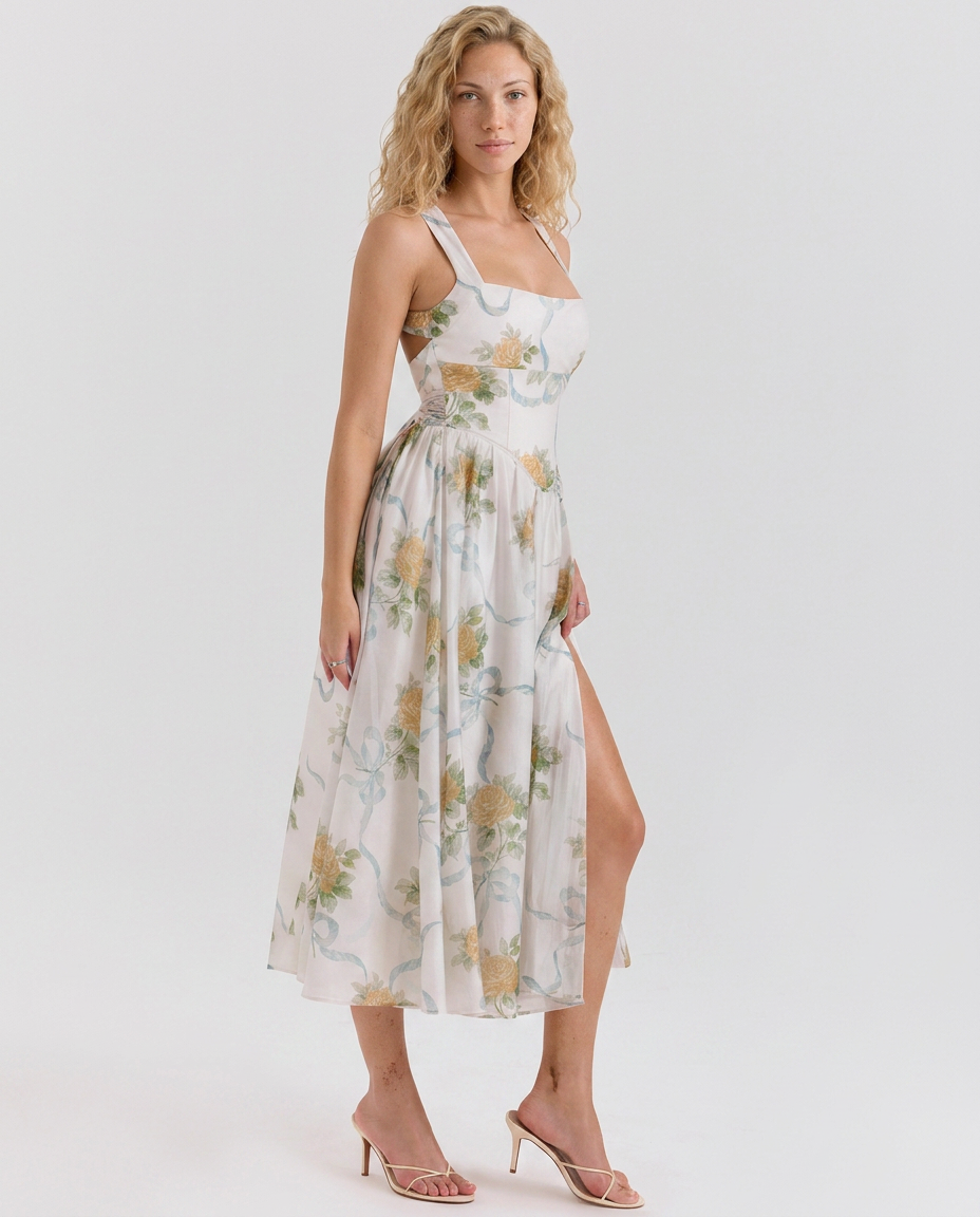Callie | Ribbon Print Chiffon Midi Dress