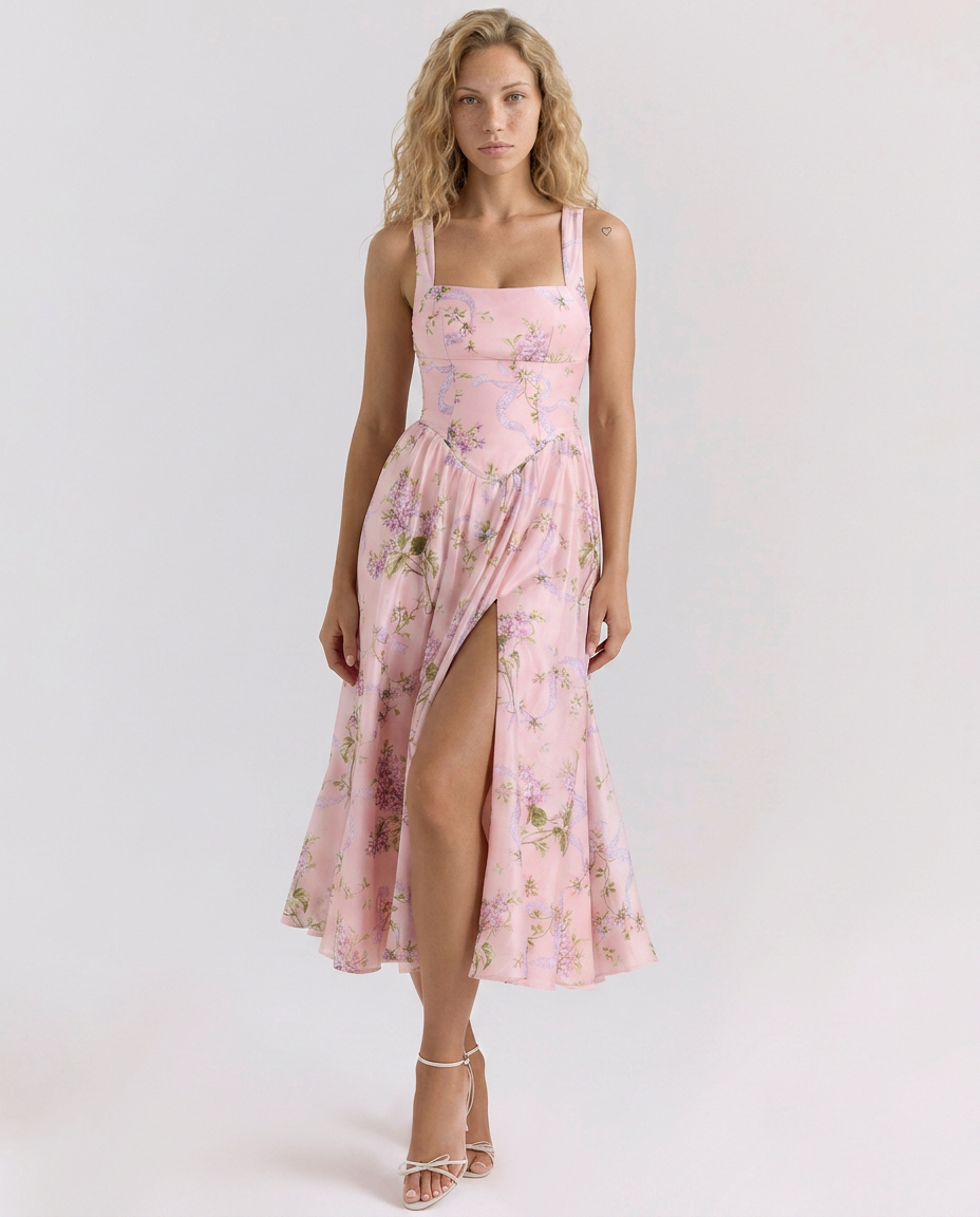 Callie | Ribbon Print Chiffon Midi Dress