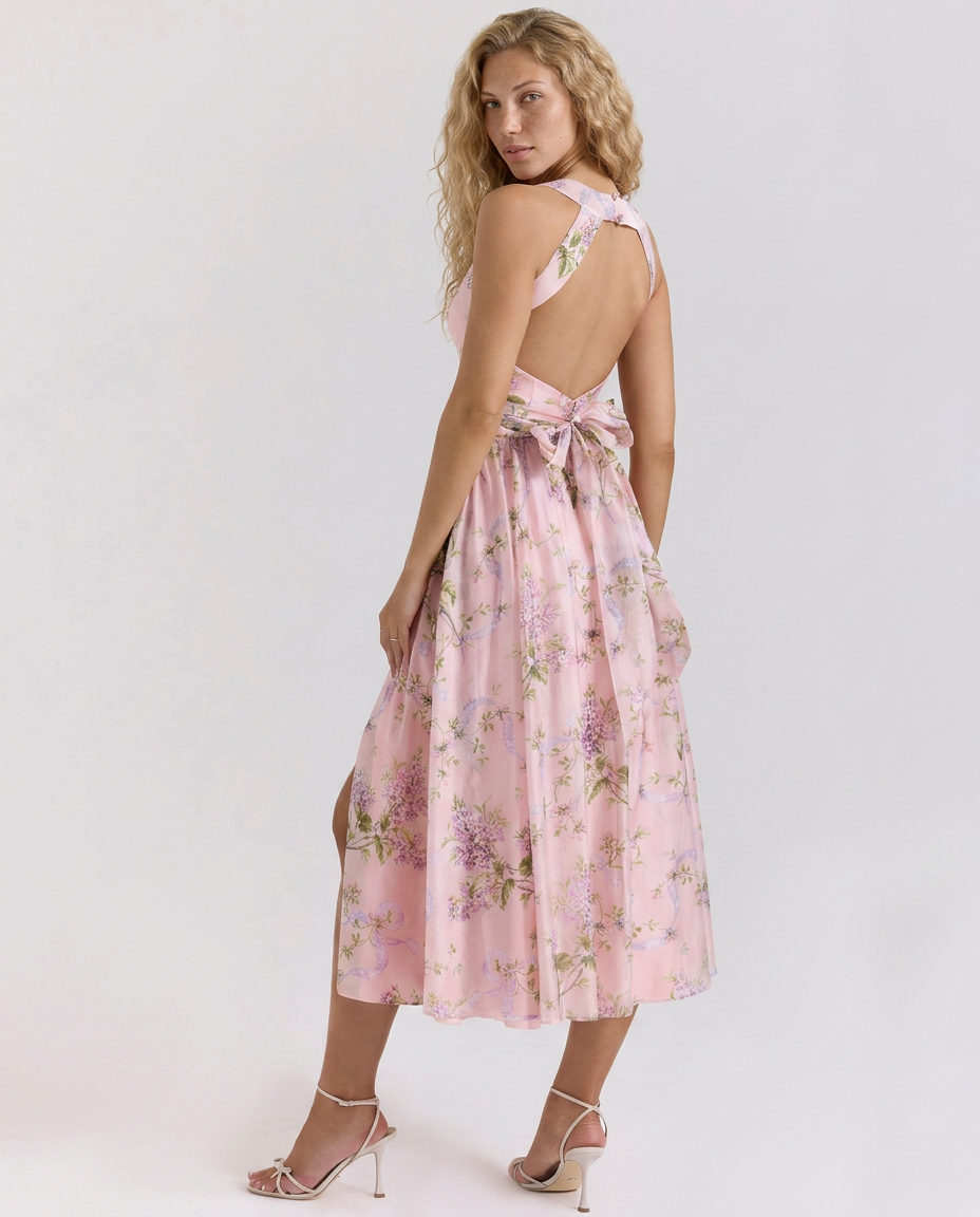 Callie | Ribbon Print Chiffon Midi Dress