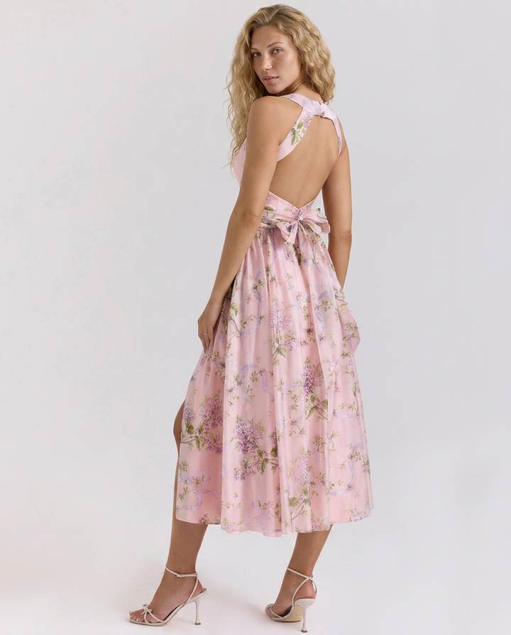 Callie | Ribbon Print Chiffon Midi Dress