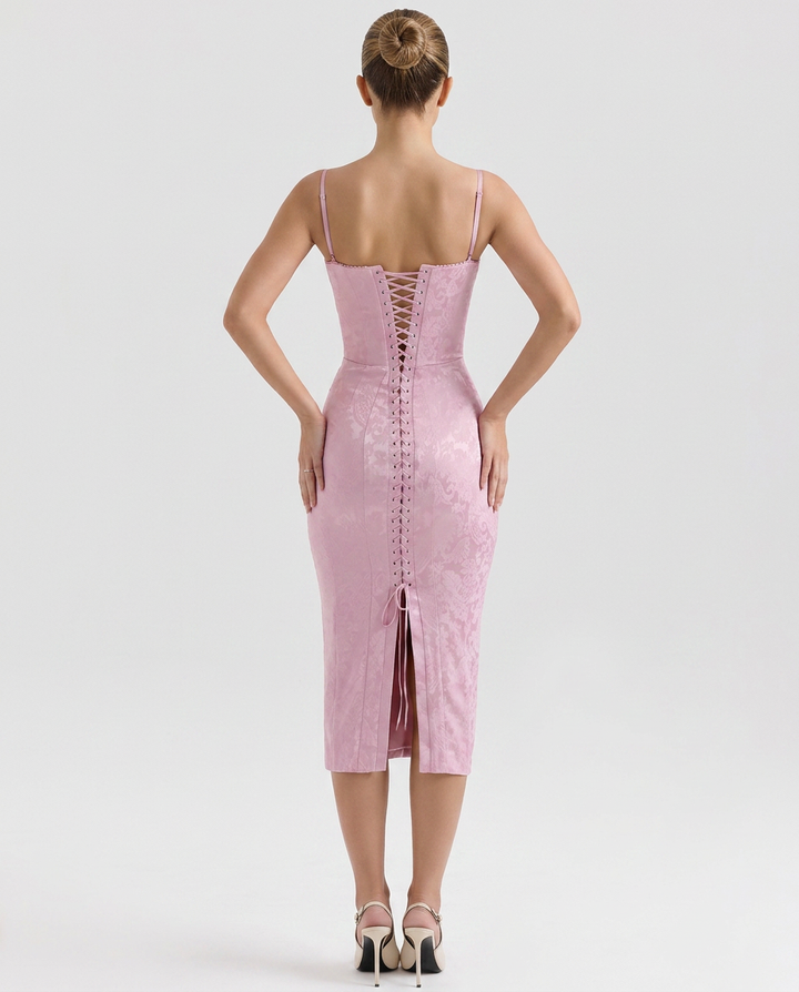 Cindy | Lace-Up Jacquard Midi Dress