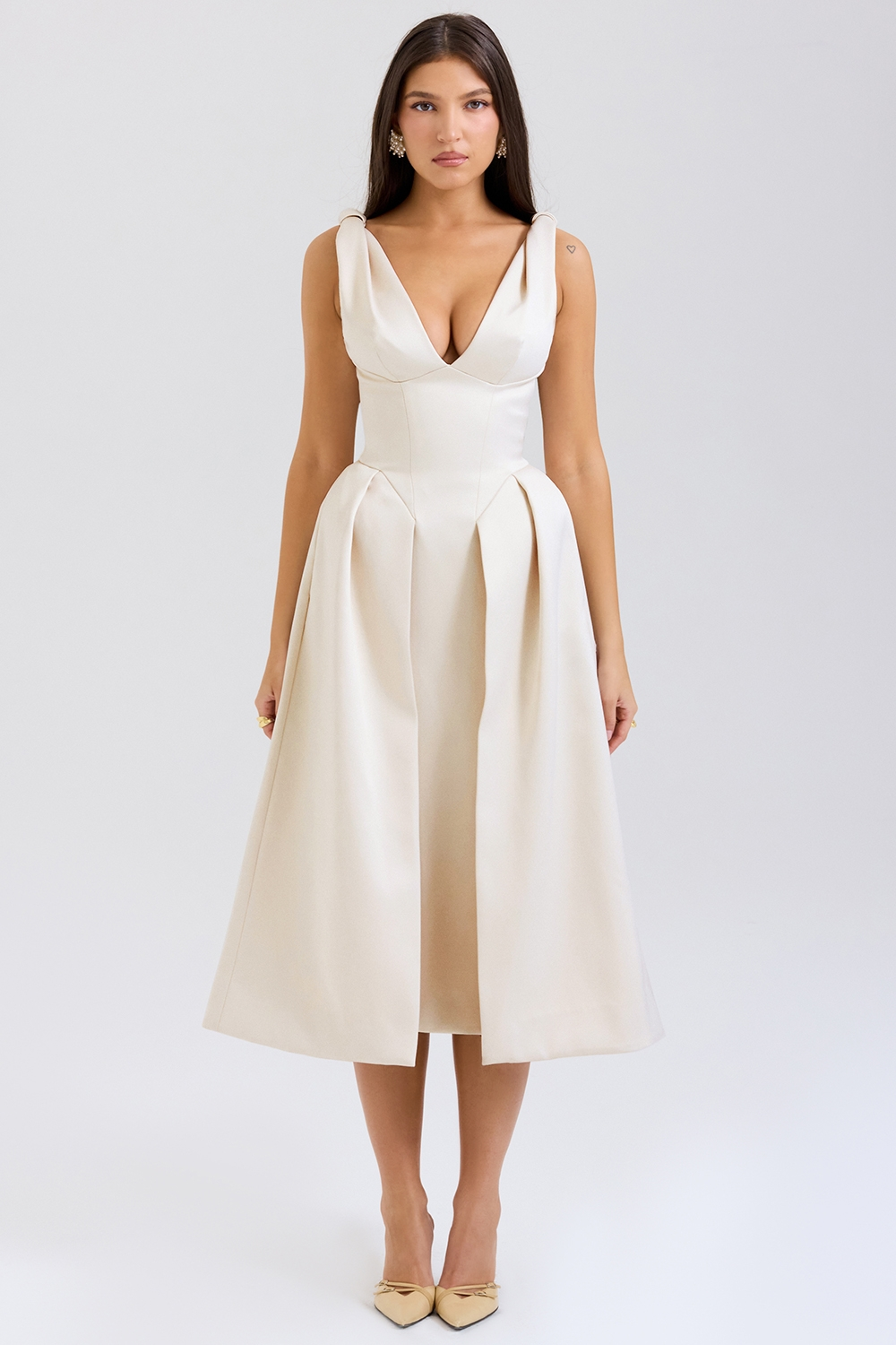 Carissa | Satin-Look Pleated Midi Dress with V-Neck Bodice