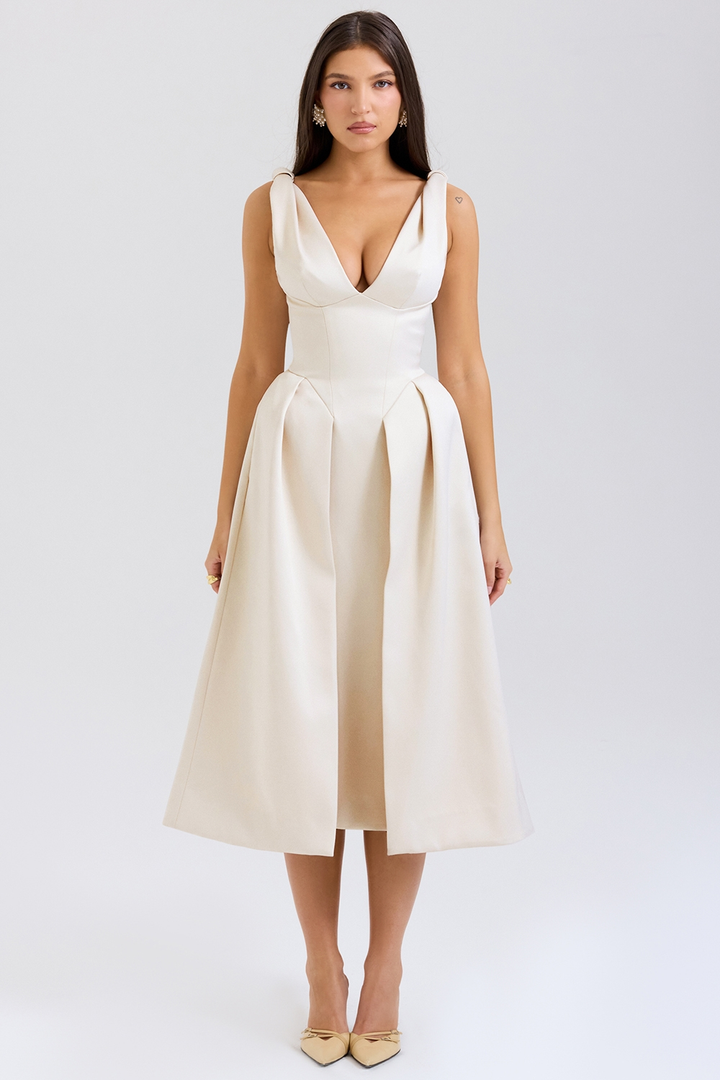 Carissa | Satin-Look Pleated Midi Dress with V-Neck Bodice