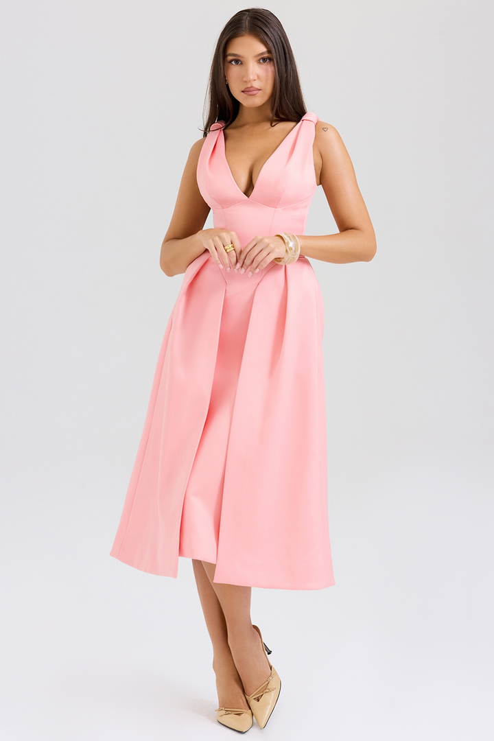 Carissa | Satin-Look Pleated Midi Dress with V-Neck Bodice