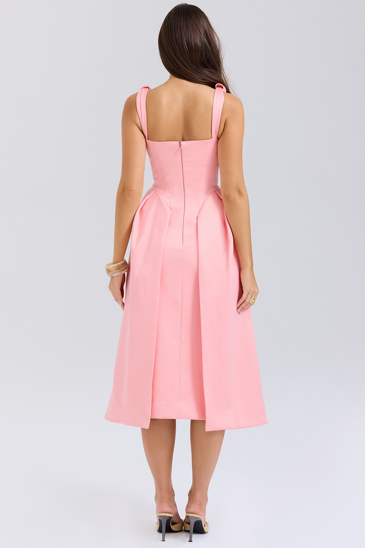Carissa | Satin-Look Pleated Midi Dress with V-Neck Bodice