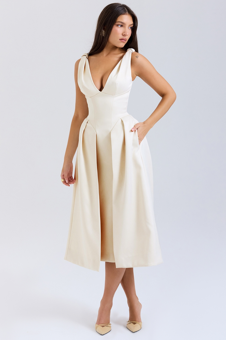 Carissa | Satin-Look Pleated Midi Dress with V-Neck Bodice