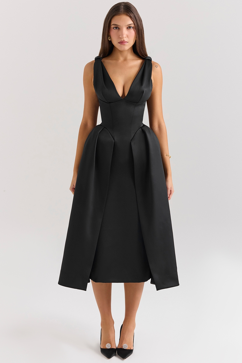 Carissa | Satin-Look Pleated Midi Dress with V-Neck Bodice