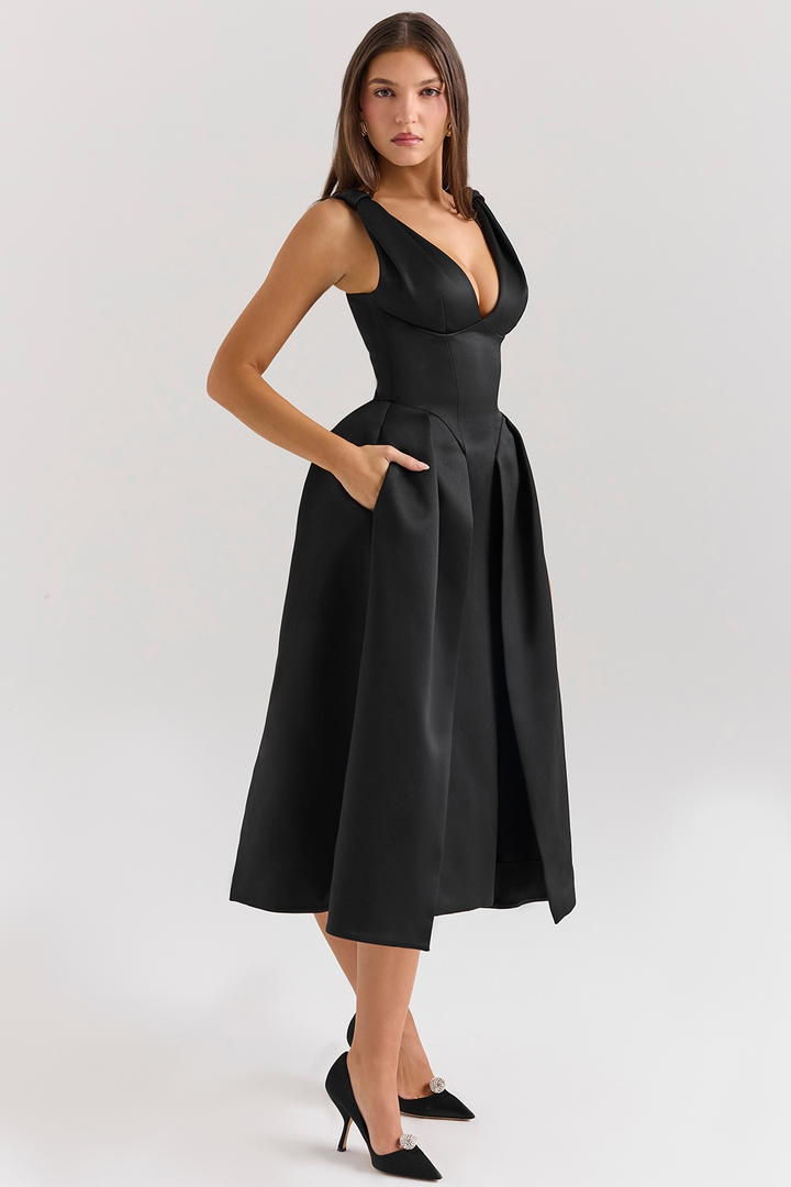Carissa | Satin-Look Pleated Midi Dress with V-Neck Bodice