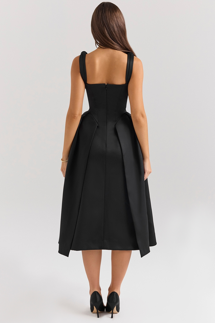 Carissa | Satin-Look Pleated Midi Dress with V-Neck Bodice