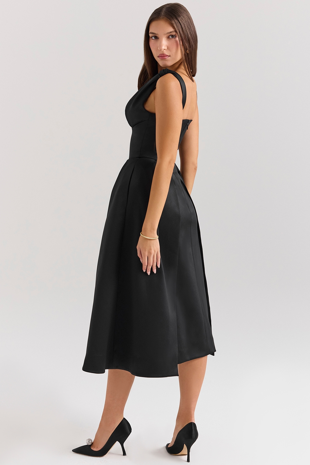 Carissa | Satin-Look Pleated Midi Dress with V-Neck Bodice