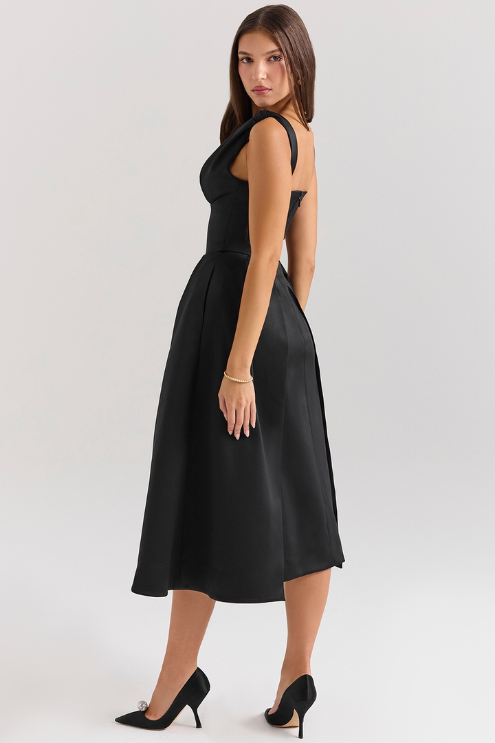 Carissa | Satin-Look Pleated Midi Dress with V-Neck Bodice