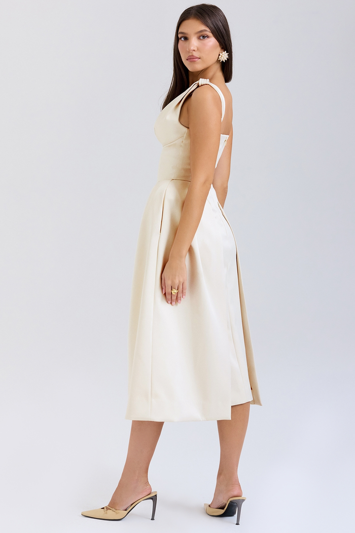 Carissa | Satin-Look Pleated Midi Dress with V-Neck Bodice