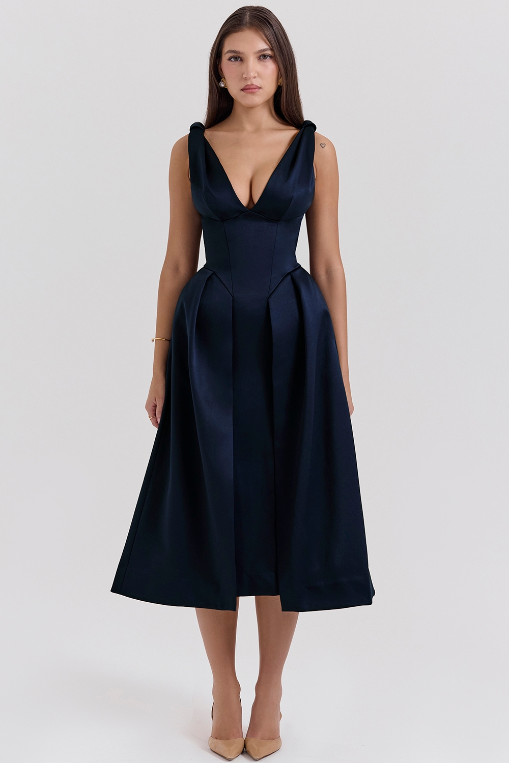 Carissa | Satin-Look Pleated Midi Dress with V-Neck Bodice