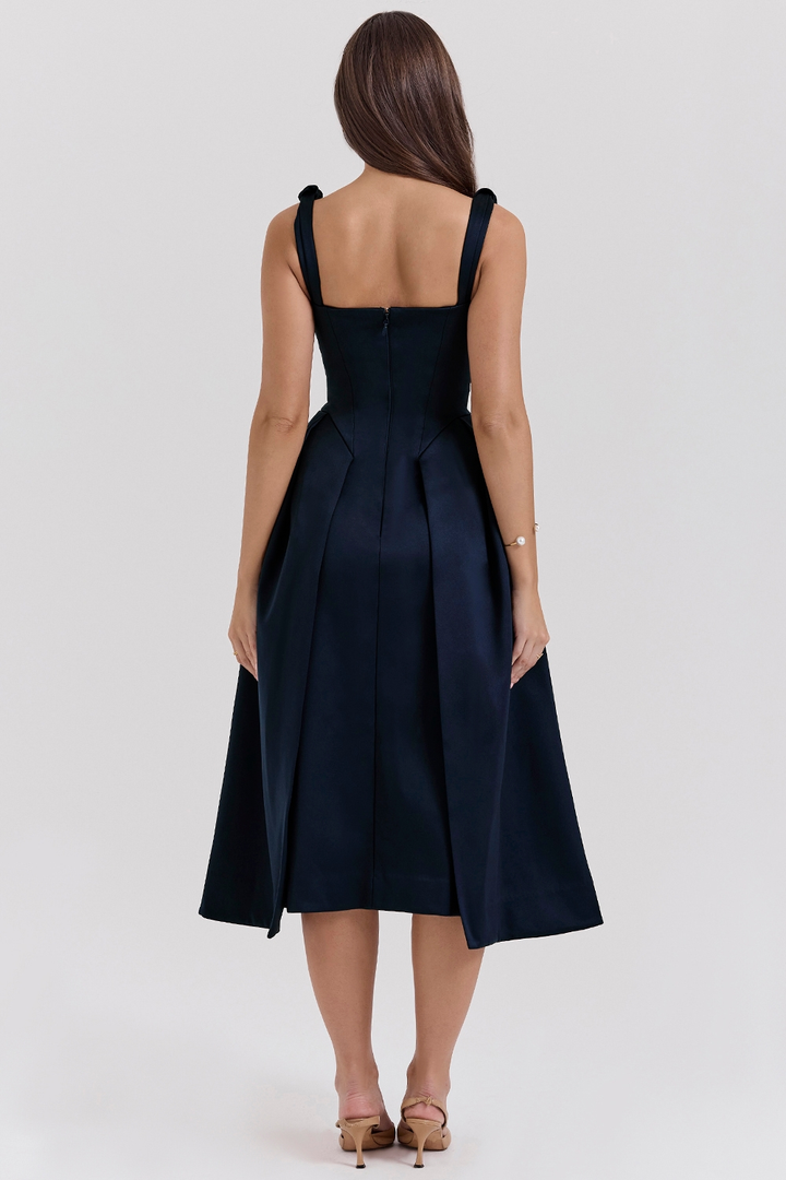 Carissa | Satin-Look Pleated Midi Dress with V-Neck Bodice