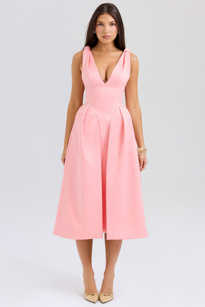 Carissa | Satin-Look Pleated Midi Dress with V-Neck Bodice