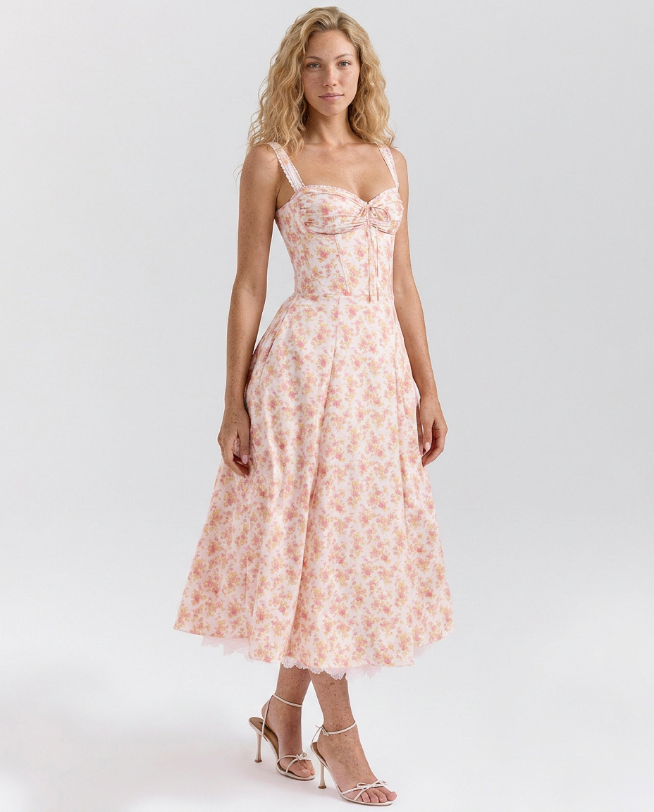 Rosie | Floral Print Cotton Corset Midi Dress