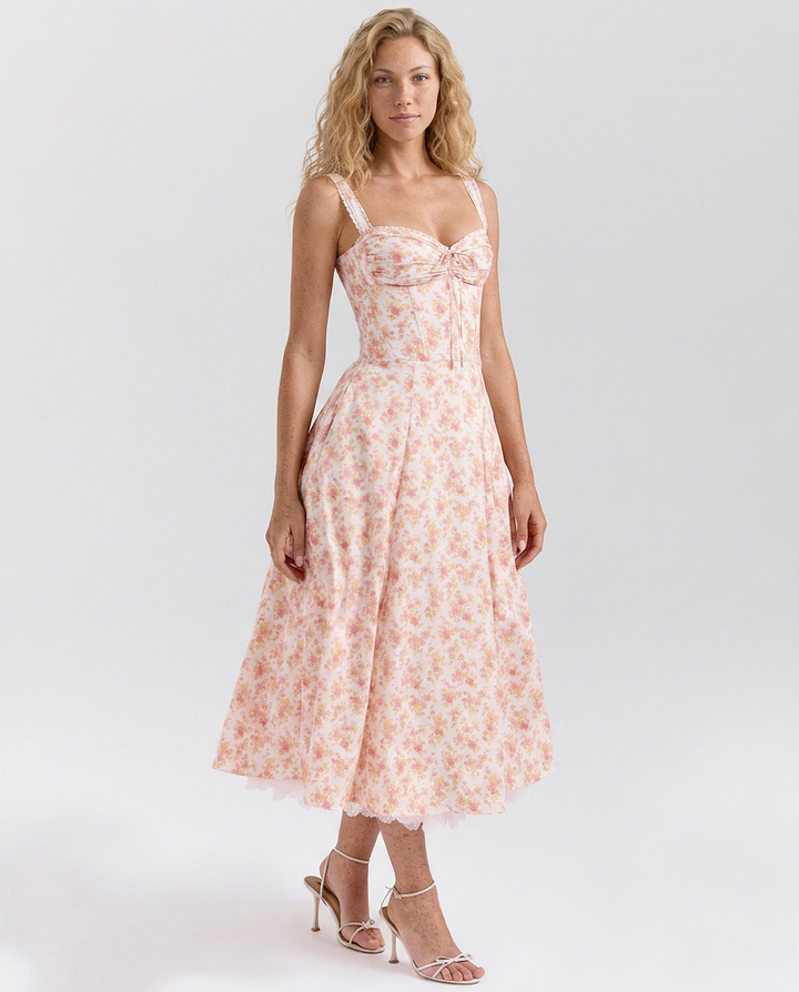 Rosie | Floral Print Cotton Corset Midi Dress