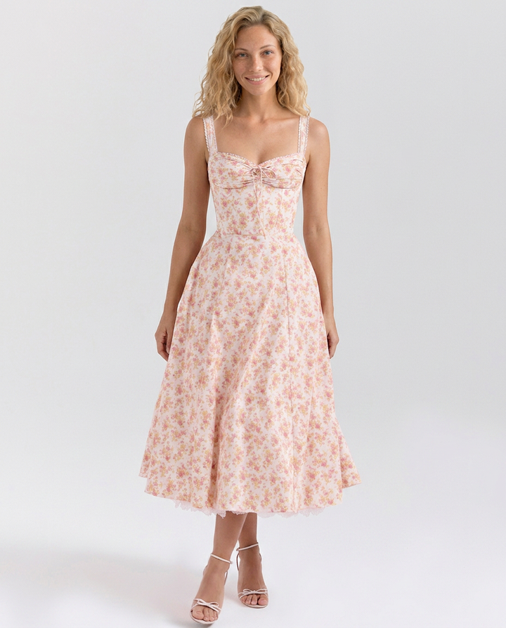 Rosie | Floral Print Cotton Corset Midi Dress