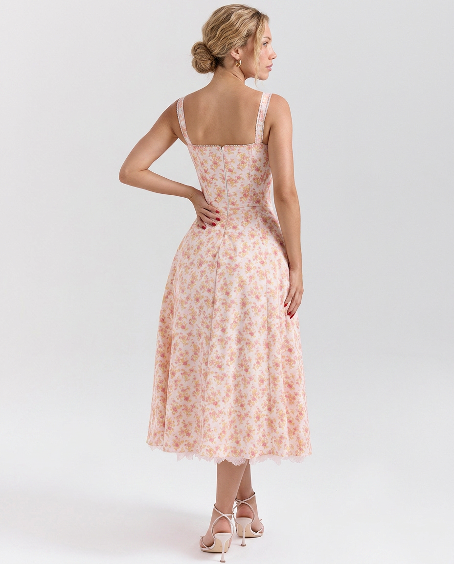 Rosie | Floral Print Cotton Corset Midi Dress