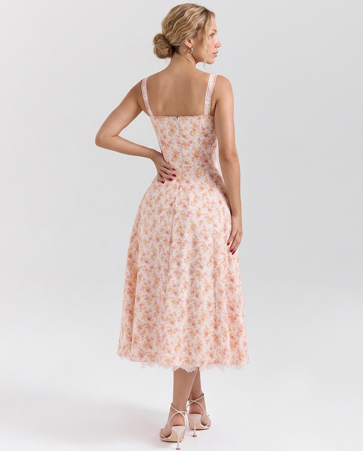 Rosie | Floral Print Cotton Corset Midi Dress