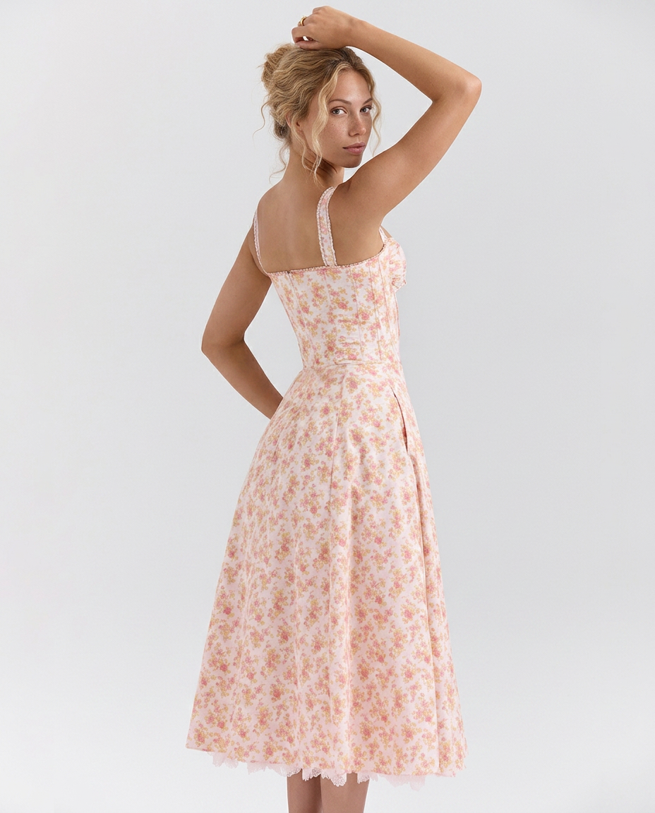 Rosie | Floral Print Cotton Corset Midi Dress