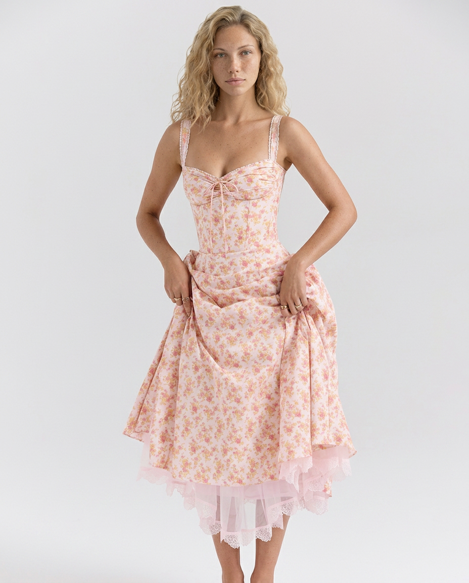 Rosie | Floral Print Cotton Corset Midi Dress